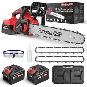 16" Cordless Electric Chainsaw - 42V Brushless Dual Battery Powered Power Chain Saw With 2 x 5.0Ah Battery & Charger & Tool-Free Tensioner & Instant-Stop Chain Brake for Tree & Wood Cutting