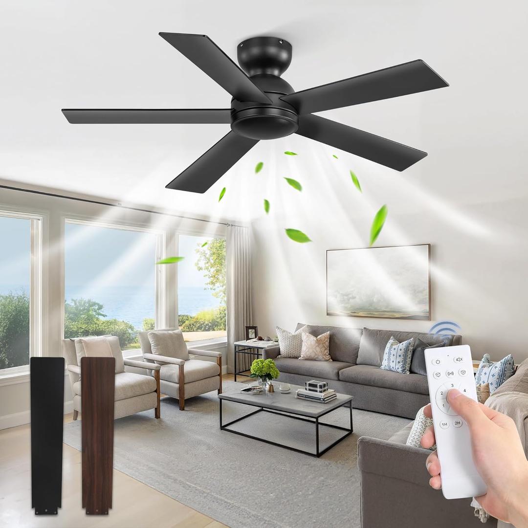 42 Inch Flush Mount Ceiling Fans without Lights, Small Black Ceiling Fan with Remote, 6-Speeds, Quiet Reversible DC Motor, Indoor/ Outdoor Ceiling Fan for Patio, Living Room, Bedroom