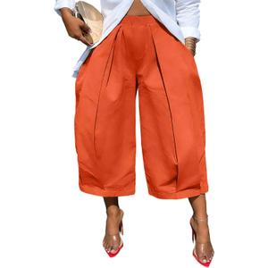 DINGANG Women's Wide Leg Capri Pants Pleated Balloon Cropped Trousers | High Waisted Barrel Leg Culottes,Lightweight,Loose Fit,Casual,Ankle Length,with Pockets,Dressy Gaucho Capri Palazzo Pants (Orange, XL)