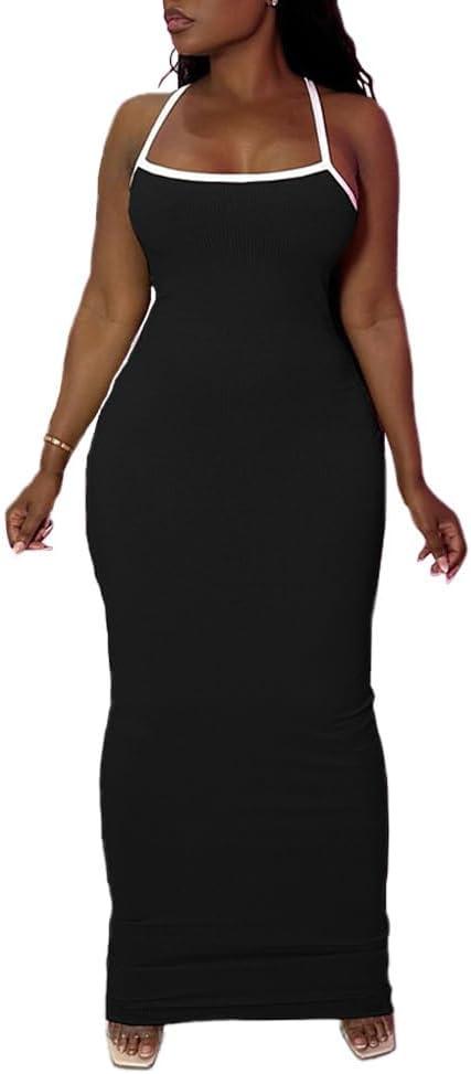 PINSV Women Summer Long Dress Casual Slip Sexy Slim Sleeveless Bodycon Maxi Dresses for Women (Medium)