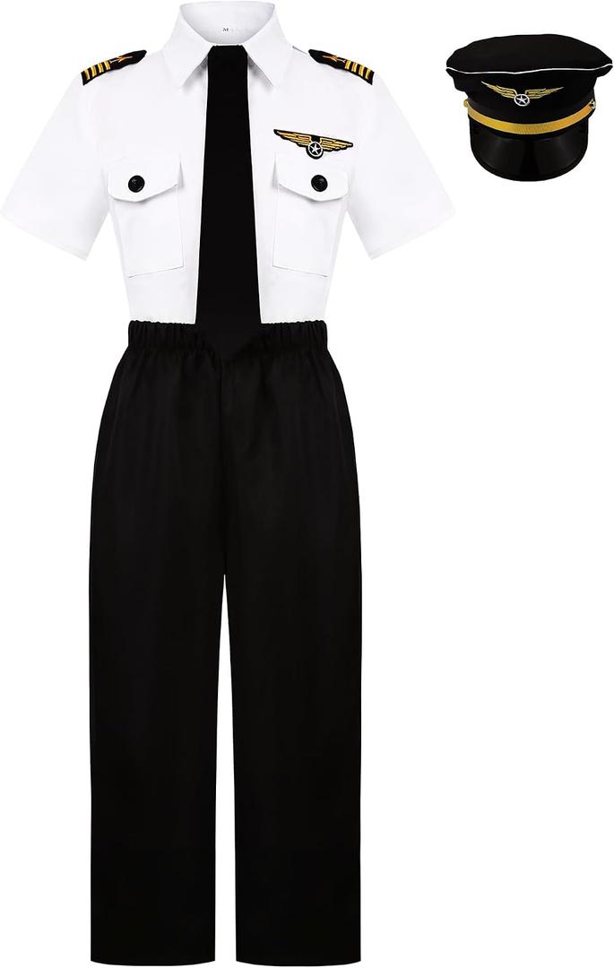 Airline Pilot Costume for Kids Captain Pilot Uniform for Career Day Halloween Dress Up Birthday Gifts (7-8 Years)