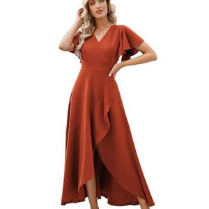 Formal Dresses for Women,Gowns Evening Party Cocktail Dress,Long Split Elegant V Neck Wrap Ruffle Wedding Guest A-line Dresses Brick Red-L