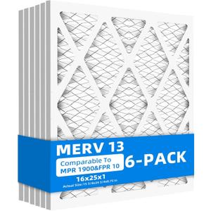 (6 Pack) 16x25x1 Furnace Air Filters, MPR 1900 & FPR 10, MERV 13 Pleated Air Filter (Actual Size: 15.75"x24.75"x0.75")