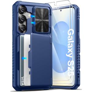 ATATOO for Samsung Galaxy S25 Case Wallet with HD Tempered Glass Screen Protector [2 Pack], Build-in Card Holder, Slide Camera Cover, Military Grade Protection, Hard Case for Galaxy S25 6.2", Blue