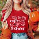 I Run On Coffee and Christmas Cheer T Shirt Women Xmas Coffee Lover Shirts Cute Graphic Holiday Casual Tee Tops (Red, L)