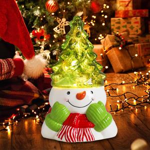 VCUTEKA Small Ceramic Christmas Tree Hand-Painted Vintage Tabletop Christmas Tree Holiday Decoration with Multi-Color Lights Green Xmas Trees Snowmen 8.75inch