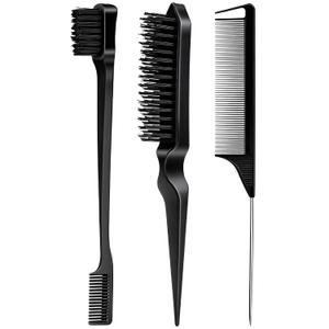 3 Pieces Hair Styling Comb Set Teasing Brush Rat Tail Comb Edge Brush for Edge&Back Brushing, Combing, Slicking Hair for Women (Black)