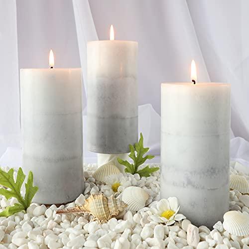CRYSTAL CLUB White Pillar Candles, Aromatherapy Scented Candles, Set of 3 Tall 3x6 Inch Rustic Grey Candles, Clean Burning and Dripless Candle Lights, Creamy Coconut Scented for Home Décor, Creamy Coconut, 3"X6"