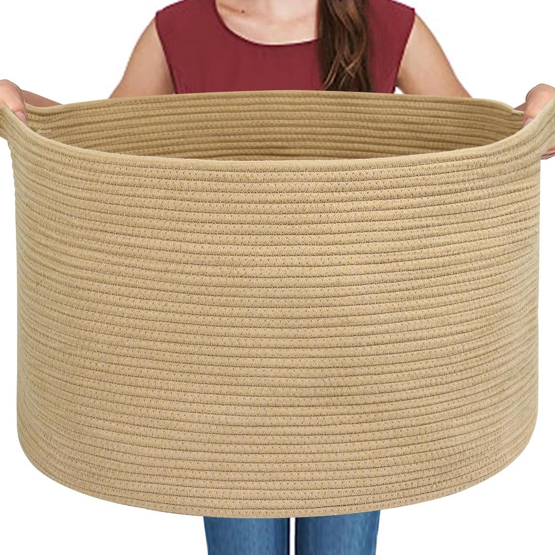 Extra Large Storage Basket, 22" X 22" X 14" Stuffed Animal Basket for Living Room Kids Room, Soft Cotton Rope Bin With Handle, Throw Blanket Storage, Stuffed Animal Toy Organizer Box (Jute)