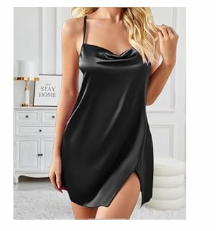 Women's Satin Nightgown Silk Mini Slips Sexy V Neck Negligee Lingerie Dress Chemise Nightwear, Black, Size M