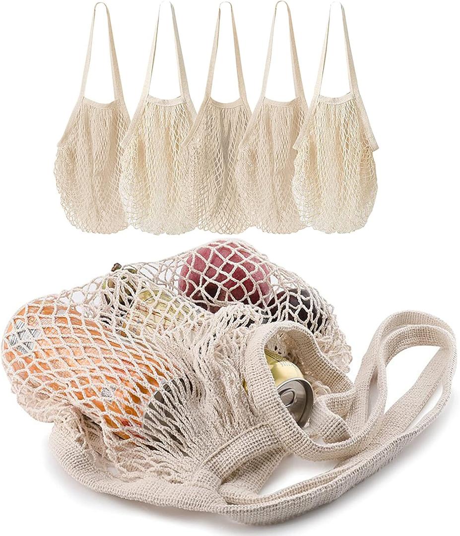 5 pack Cotton String Shopping Bags Reusable Washable Grocery Mesh Bags Organizer for Grocery Shopping Produce Net Bags with Longhandle for Fruit Vegetable Storage (Biege)