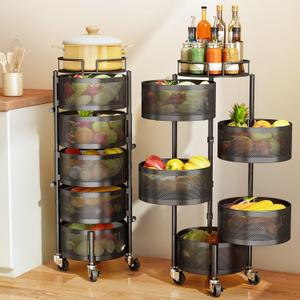SAYZH Fruit Vegetable Basket for Kitchen, Rotating Storage Rack, 5 Tier Rolling Cart with top lid, Large Metal Wire Wheels, Black SAYZH Fruit Vegetable Basket for Kitchen, Rotating Storage Rack, 5 Tier Rolling Cart with top lid, Large Metal Wire Wheels, Black