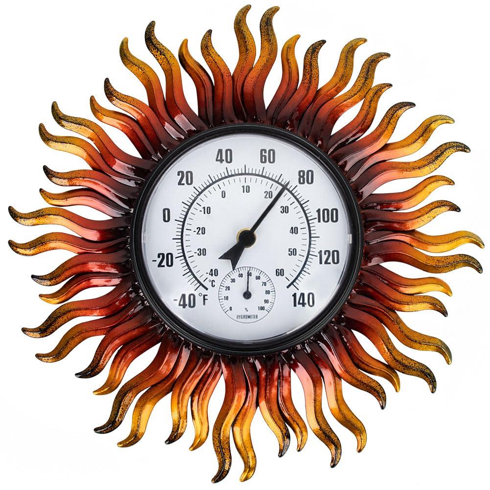 Outdoor Thermometer Waterproof with Humidity, 13.5 Inch Wall Large Number Easy to Read Outdoor Thermometer, Decorative Outside Thermometer, for Patio, Garden (Sun)