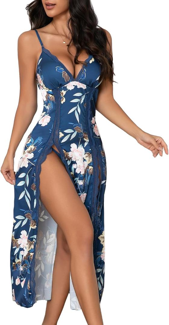 Rigeri Womens Lingerie Silk Nightgowns for Women Long Babydoll Chemise High Split Night Gowns Sexy Sleepwear  (Blue, L)
