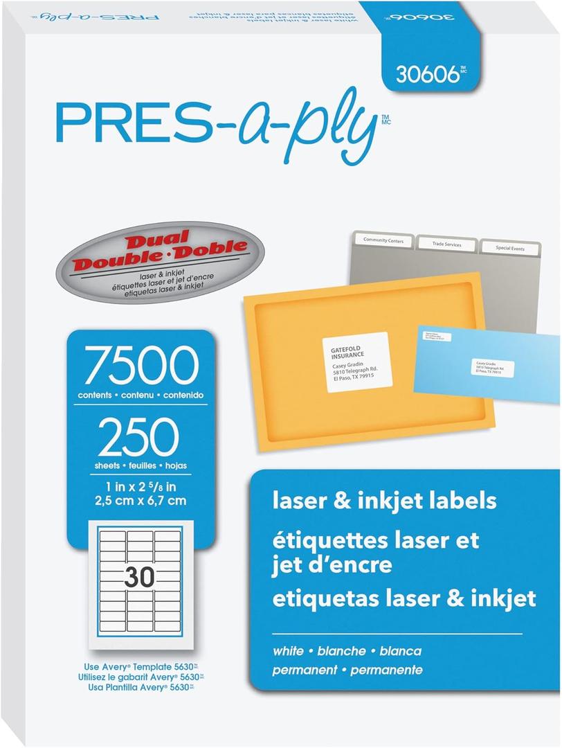 PRES-a-ply Laser Address Labels, 1 x 2.625 Inches, White, Box of 7500, 2 Packs (30606)