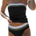 Beachsissi Bandeau Swimsuits for Women Strapless Swimwear Bathing Suits Tummy Control Color Block Tankini Sets (X-Large, Black)