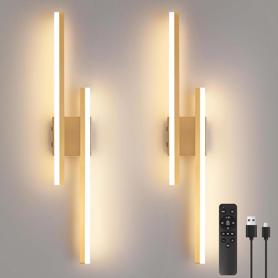 Modern Battery Operated Wall Sconce Set of Two,Gold Wall Light with Remote,Rechargeable LED Wall Lamp Indoor for Bathroom Living Room Bedroom Corridor