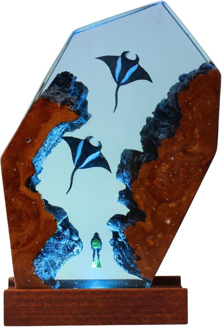 Manta Ray Ocean Resin Lamp, Epoxy Ocean Night Light with Wooden Base, LED Color Changing Table Lamp, USB Powered Dragons Decor, Unique Ocean Gift for Bedroom & Home Office (Manta Ray)