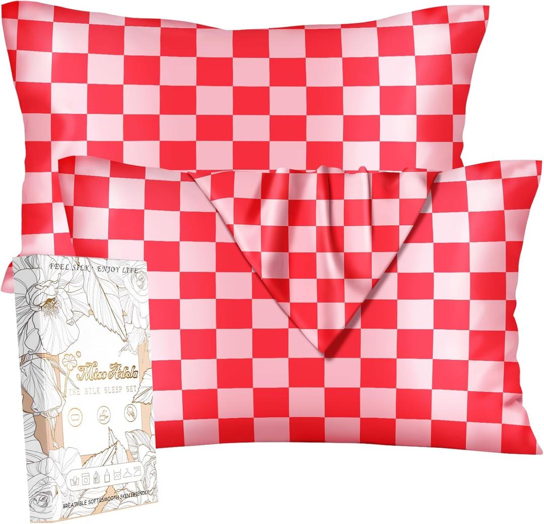 Miss Adola 2 Pack Mulberry Silk Pillowcase for Hair and Skin - Standard Size 20 x 26 Inches with Hidden Zipper PK Check 19 Momme Soft Sleeping Silk Pillow Case for Women, Moms