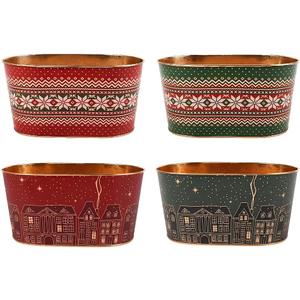 4 PCS Christmas Metal Buckets Christmas Decorations Ice Buckets Metal Planter Pots, Galvanized Pails for Candy Treats Drink Beverage Tub for Parties ChristmasTable Centerpiece (Green+Red)