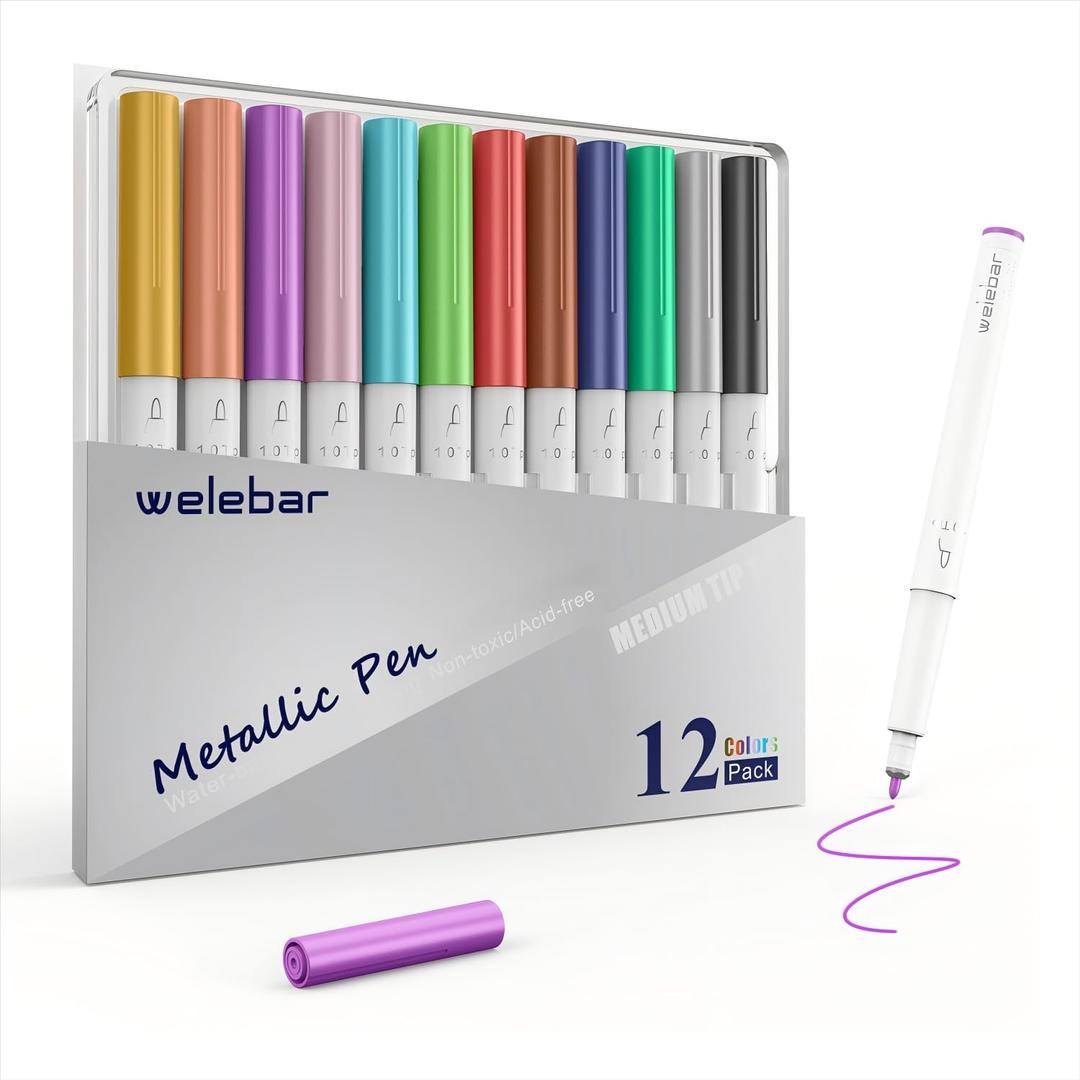 12 Pack Metallic Pen Set, Compatible with Cricut Maker 3/Maker 4/Maker/Explore 3/Explore 4/Air 2/Air, Metallic Ink Markers for Writing, Drawing, Invitations, Envelope, DIY Crafts