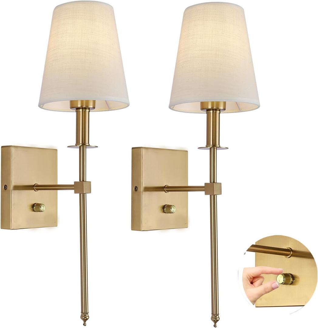Dimmable Wall Sconces Set of 2, Gold Bathroom Vanity Lighting Fixtures, Modern Gold Wall Light with On Off Switch for Living Room Bedroom Hallway, 2 Pack