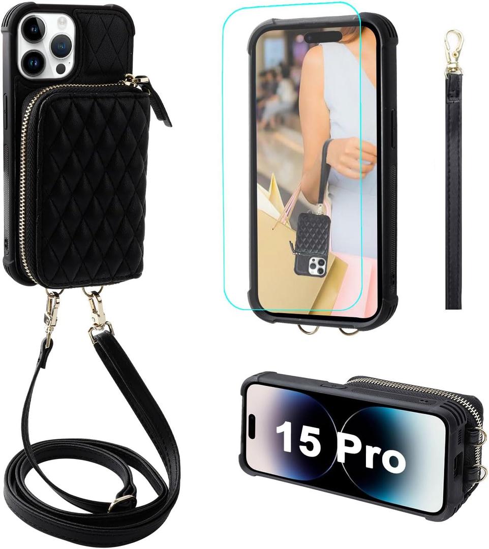 MONASAY Zipper Wallet Case Compatible for iPhone 15 Pro,[Glass Screen Protector ][RFID Blocking] Flip Leather Handbag Phone Cover with Card Holder and Detachable Crossbody Lanyard Strap, Black