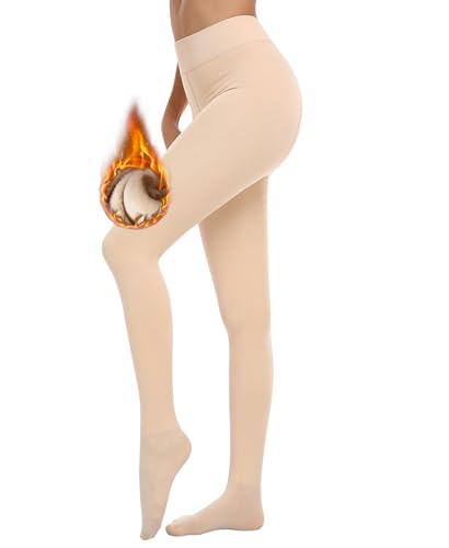RISSCAN Fleece Lined Tights for Women Opaque Warm Control Top Pantyhose Thermal leggings Stirrup Footed Tights for Winter(220g Nude Thin Fleece Footed,XL)