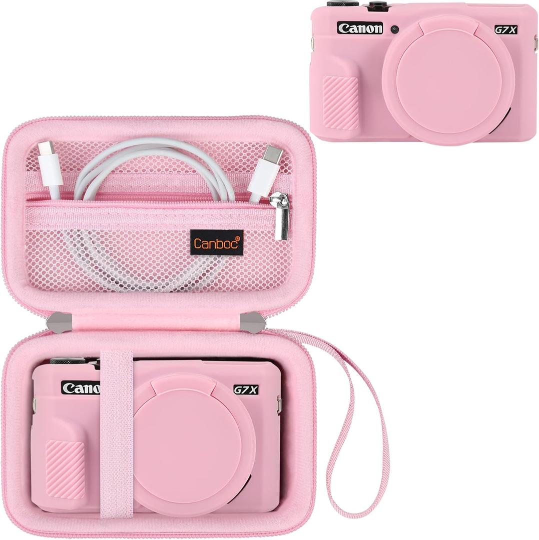 Canboc Camera Case for Canon PowerShot G7 X Mark II Digital Camera, Hard Carrying Case + Soft Silicone Protective Cover with Removable Lens Cover, Pink (Case Only)