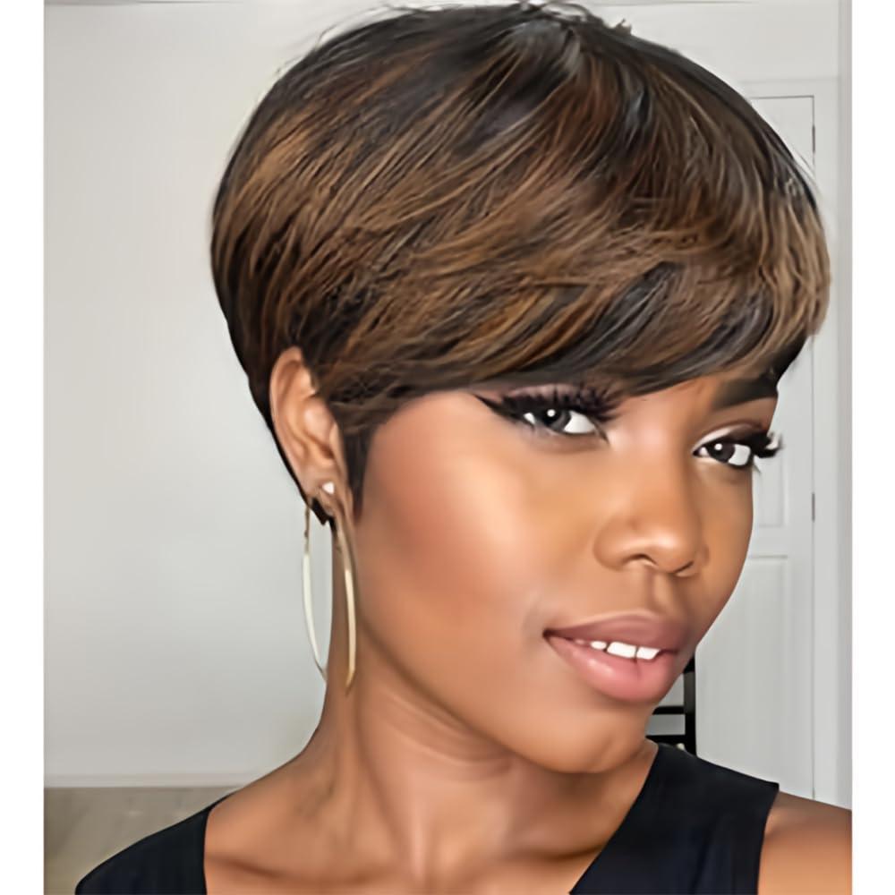 Pixie Wigs Short Wigs for Black Women Brown Short Pixie Cut Wigs for Black Women Layered Wigs with Bangs for Women (Mixing Black and Brown)