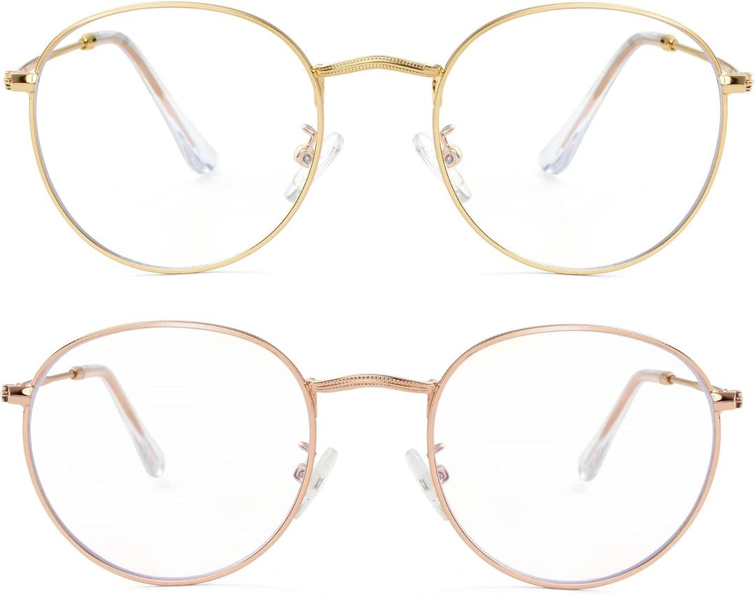 Onrtry Circle Blue Light Glasses for Women Men Round Metal Frame Computer Gaming Eyeglasses 2 Pack (A6 Gold+rose Gold)