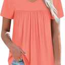 T Shirts for Women Short Sleeve Pleated Oversized Summer Tops Loose Fit V Neck Plus Size Beach Vacation Outfits Clothes Resort Wear 2025 Coral 2XL