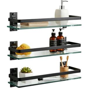 AIJALY 3 Pack Bathroom Glass Shelf,Aluminum Tempered Glass 0.3in Extra Thick Rectangular 1 Tier Storage Organizer Wall Mount,Black 15.7in