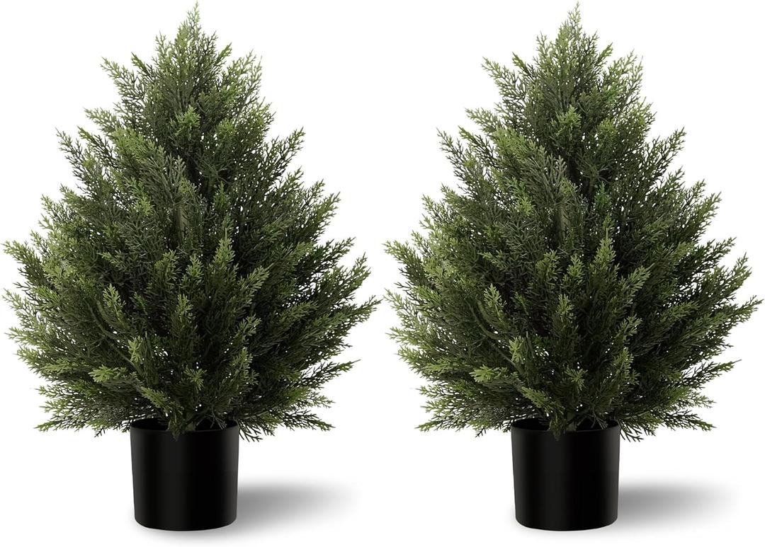 Artificial Topiary Cedar Trees 2FT Tall 2 Set, Outdoor Indoor Faux Pine Shrubs Plants, Realistic Fake Plants Front Porch Decor, Artificial Bushes Cypress for Home Front Door Offices (Green)