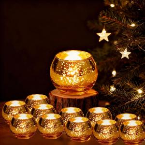 BALITIOY 12 Pcs Antique Gold Mercury Glass Votive Candle Holders 2.2" x 2.6" Petite Size for Wedding Centerpieces, Garden Party, Bathroom Shelf Christmas Decor