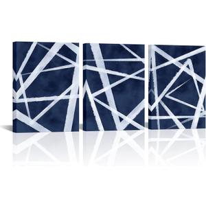 HOMEOART Blue Abstract Wall Art Navy Blue Bathroom Decor Blue Pictures Wall Decor Modern Home Decor Geometric Canvas Wall Art Framed 12x16inchx3 Piece (Navy Blue)
