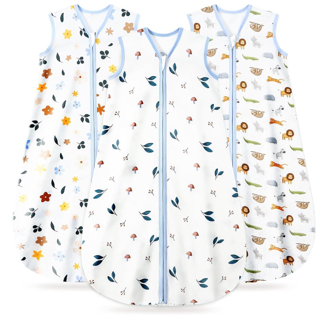 Baby Sleep Sack 6-12 Months, 100% Organic Cotton Wearable Blanket for Babies, 2-Way Zipper TOG 0.5 Lightweight Breathable Baby Sleeping Bag, 4 Sizes-M Animal&Plant&White