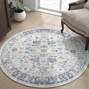 jinchan Round Rug 5ft Area Rug - Washable Boho Vintage Floral Circle 5' Round Floor Cover Lightweight Low Pile Thin Throw Non-Slip Carpet for Kitchen Living Room Bedroom Dining Room Office Grey Multi