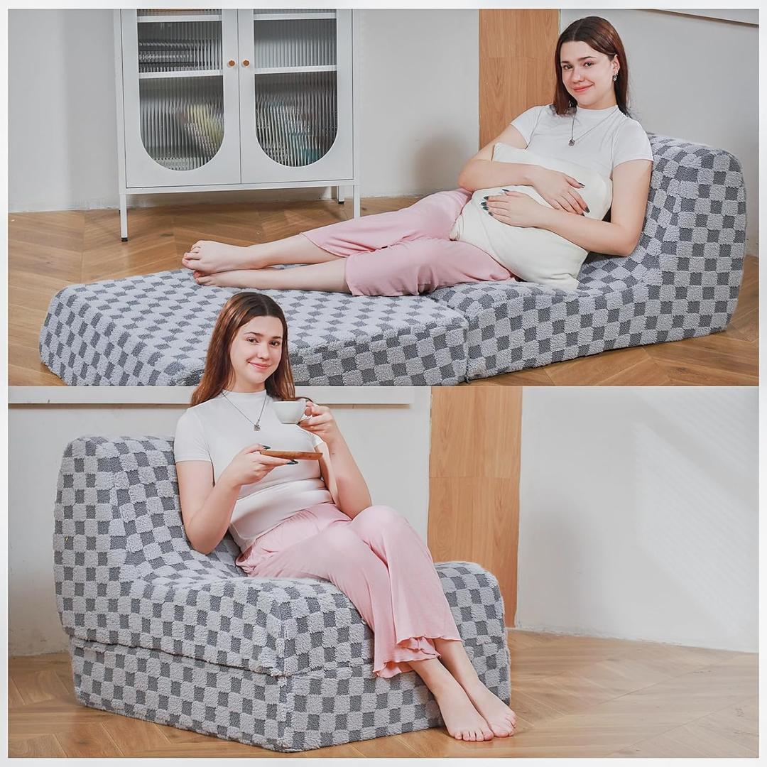 Bean Bag Chair with Checkerboard Shaker Fleece Fabric, Folding Sofa Bed, Floor Sleeper Lounge Chair, Lazy Sofa for Living Room, Bedroom, Apartments (Cement Gray) (Foldable, Grey)