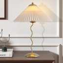 Pleated Table Lamp, S Tube Modern Table Lamp for Bedroom, Bedside Lamps with Organic Textured Linen Lampshade for Nightstand Bedroom Home Office Decor, Gold