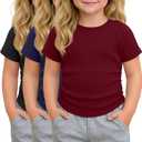 3 Pack Toddler Girl Shirts Summer | Cotton, Basic Tee, Cute, Ribbed Knit, Short Sleeve, Soft, Breathable, Lightweight, Stretchy, Casual, Ages 18M-5T