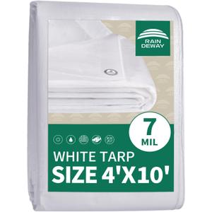 RAINDEWAY Small Tarps 4x10 Feet Tarp Waterproof,7Mil Thick,Finished Size,UV Resistant,Multipurpose Poly Tarp Cover with Metal Grommets and Reinforced Edges,White Tarps