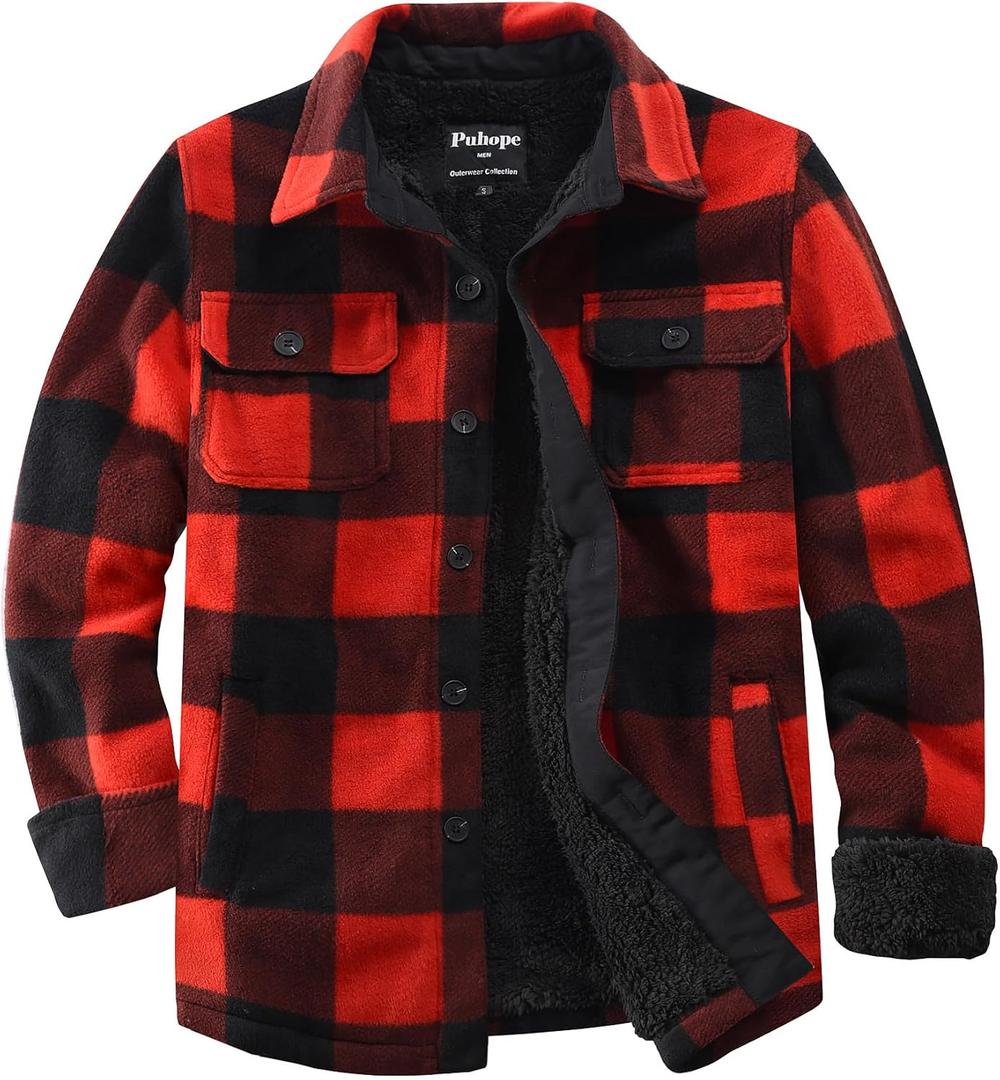 Men's Polar Fleece Warm Sherpa Lined Shirt Jacket for Men Thick Button Down Jacket with Multi Pockets (Large, Red/Black)