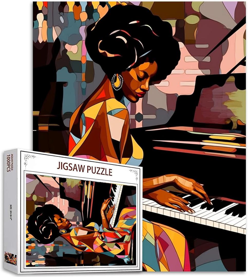 African Women Black Girl Jigsaw Puzzles 1000 Pieces for Adults, Families (Piano,Girl,Female) Pieces Fit Together Perfectly 19.7''x27.6''inch Musical Performance Frameable Magic Puzzle ArtBrown