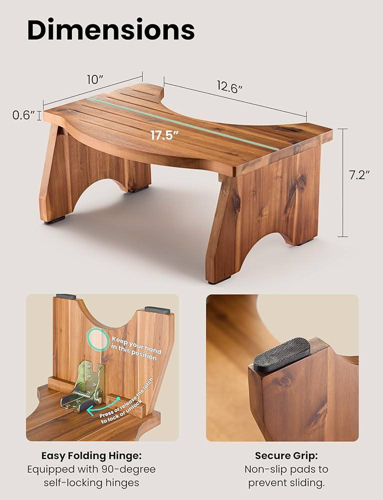 TINAMO Acacia Wood Foldable Toilet Stool for Bathroom Adults - 7.2" Poop Stool for Kids - Pooping Stool Squat with Anti Slip Layer - Bathroom Stools for Sitting/Travel (Acacia, 7.2" Height)