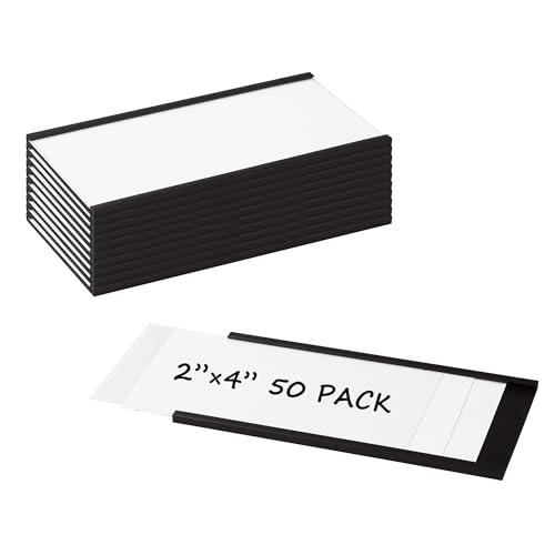 Realth C Channel Magnetic Strip 50 Pack, 2'' x 4'' Magnetic Label Holders with Paper Inserts and Clear Plastic Protectors, Magnet Labels for Metal Racks and Shelves