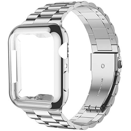 Iiteeology Compatible with Apple Watch Bands 44mm Series 6 5 4 Se, Upgraded Stainless Steel Band with iWatch Screen Protector Case for Men Women Silver/Silver