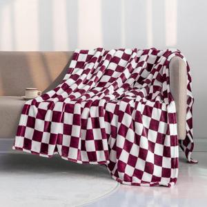 LOMAO Throw Blankets Flannel Blanket with Checkerboard Grid Pattern Soft Throw Blanket for Couch, Bed, Sofa Luxurious Warm and Cozy for All Seasons (Burgundy, 50"x60")