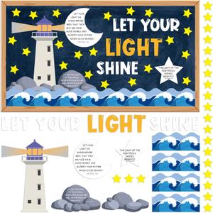 Mooliwe 88 Pcs Let Your Light Shine Bulletin Board Set Christian Religious Bulletin Board Decoration Bible Verse Lighthouse Cutouts Christian Classroom Decor for Church Sunday School Wall