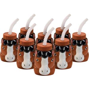 Fun Express Horse Shaped Cups with Lids and Straws 8 Pack - Reusable Plastic Kids Cups for Party Favors | Western Cowgirl Birthday Party Decorations & Supplies | BPA Free 14 oz Drinking Cups